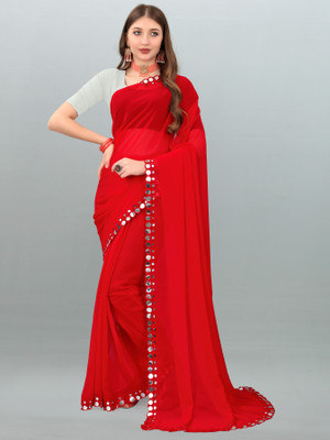 SHELDROM MART Solid/Plain Bollywood Lycra Blend Saree(Red)