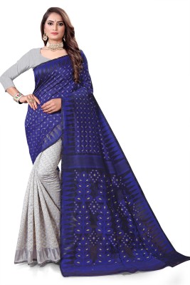 Itkila Woven Jamdani Cotton Silk Saree(Blue, Black)