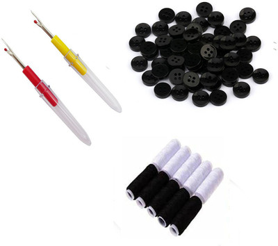Crafts Haveli 3 Items Combo : 2 Seam Ripper, 20 Black White Thread Spool & 20 Black Button Sewing Kit