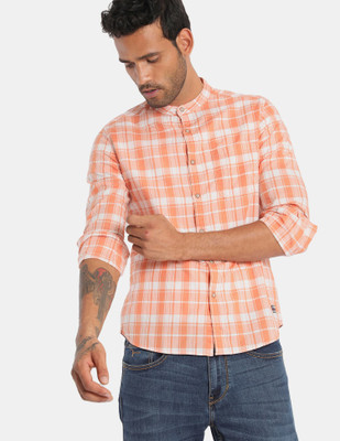 FLYING MACHINE Men Checkered Casual Orange Shirt