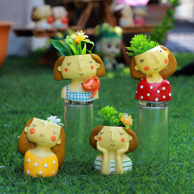 Payal Creation Cartoon Planter Handmade Resin Combo Cartoon Girls Succulent Planter Pot Plant Container Set(Pack of 4, Plastic)