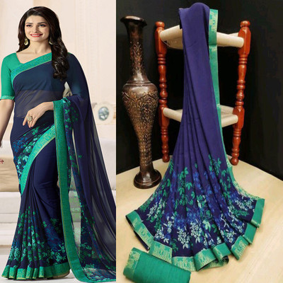 Dhandai Fashion Printed, Self Design, Embellished, Floral Print Daily Wear Georgette Saree(Dark Blue)