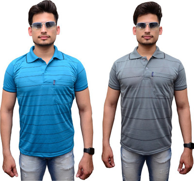 Maleno Striped Men Polo Neck Light Blue, Grey T-Shirt