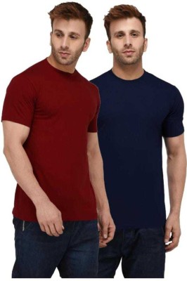 Fitshop fashion Solid Men Round Neck Maroon, Navy Blue T-Shirt