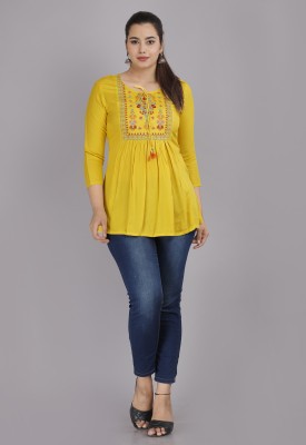 P Textiles Casual Embroidered Women Yellow Top
