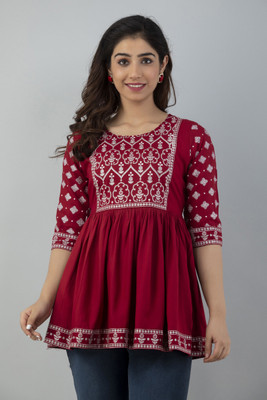 FABRR Casual Printed Women Maroon Top