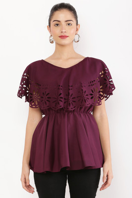 INDAISY FASHION Casual Laser Cut Women Maroon Top