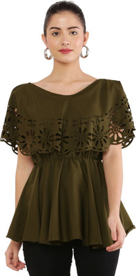 INDAISY FASHION Casual Laser Cut Women Dark Green Top