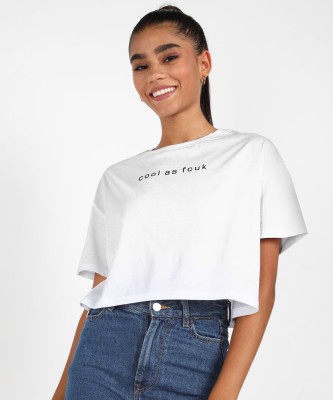 French Connection Casual Short Sleeve Printed Women White Top