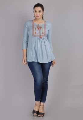 P Textiles Casual Embroidered Women Silver Top