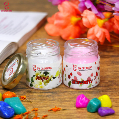 GW Creations Combo set of 2 Strawberry-Mogra Medium Circle jar Candle(Pink, White, Pack of 2)