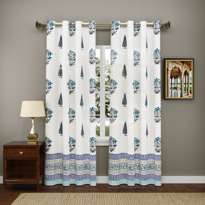 Blocks Of India 210 cm (7 ft) Door Cotton Semi Transparent Curtain (Pack Of 2)(Blue, Grey, Printed)