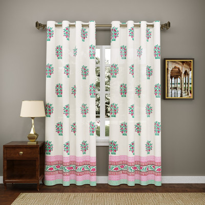Blocks Of India 210 cm (7 ft) Door Cotton Semi Transparent Curtain (Pack Of 2)(Green, Pink, Printed)
