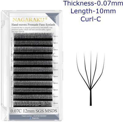 Nagaraku W Eyelash Extension 5D Premade 0.07mm C curl 10mm Matte Black yy Eye Lashes(Pack of 12)