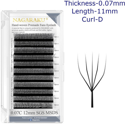 Nagaraku W Eyelash Extension 5D Premade 0.07mm D Curl 11mm Matte Black yy Eye Lashes(Pack of 12)