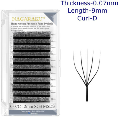 Nagaraku W Eyelash Extension 5D Premade 0.07mm D Curl 9mm Matte Black yy Eye Lashes(Pack of 12)
