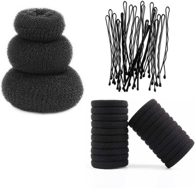 Sharum Crafts 24 Bobby Hair Pin, 3 Donut & 20 Black Rubber Hair Accessory Set(Black)