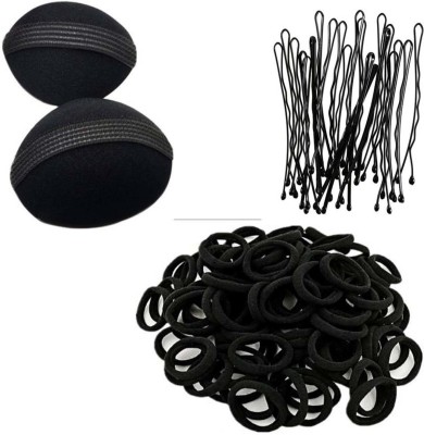 Sharum Crafts 24 Bobby Hair Pin, 2pc Hair Volumizer & 10 Black Rubber Band Hair Accessory Set(Black)