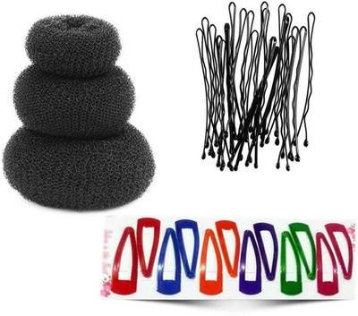 Sharum Crafts 24 Bobby Hair Pin, 3 Donut & 12 Multi Tic Tac Hair Accessory Set(Black)
