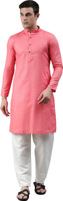 Manthan Men Striped Straight Kurta(Pink)