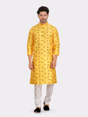 ENCINO Men Printed Straight Kurta(Yellow)