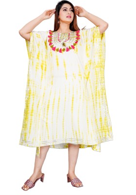 RSK Women Dyed/Ombre Kaftan Kurta(White, Yellow)