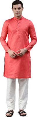 Manthan Men Checkered Straight Kurta(Pink)