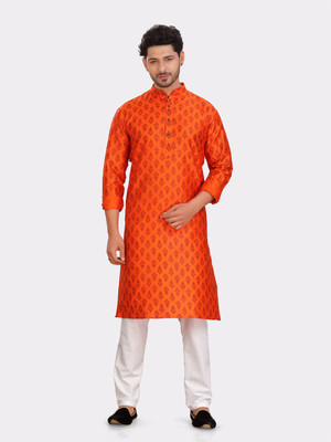 ENCINO Men Printed Straight Kurta(Orange)