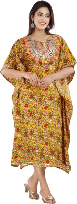 RSK Women Floral Print Kaftan Kurta(Yellow)