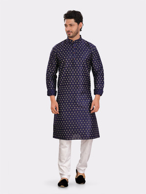 ENCINO Men Printed Straight Kurta(Dark Blue)