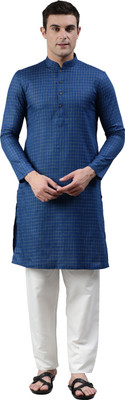 Manthan Men Checkered Straight Kurta(Blue)