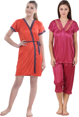 YUALIN CREATION Women Nighty with Robe(Pink)