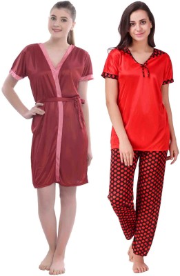 YUALIN CREATION Women Nighty with Robe(Red)