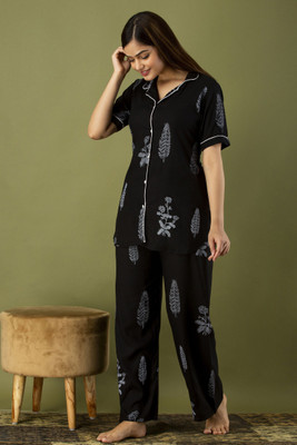 TRINABH Women Printed Black Shirt & Pyjama set
