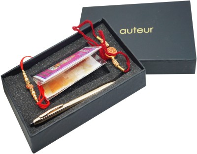 auteur Rakhi Gift For Brother Gold Pen With 2 Rakhi,Roli Moli and Mishri Pack Pen Gift Set(Pack of 4, Ink Color - Blue)