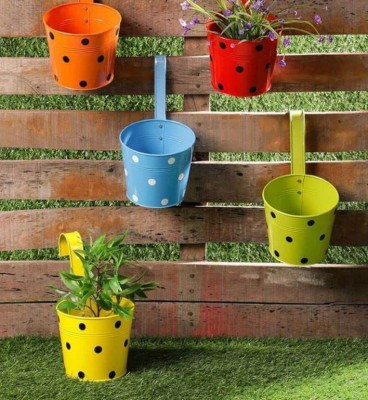 E C Creation Handicrafts Hanging Flower Pot Holder,Round Railing Planter Basket (Set of 5) Plant Container Set(Pack of 5, Metal)