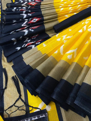 Kjs Printed Ikkat Cotton Blend Saree(Blue, Yellow)