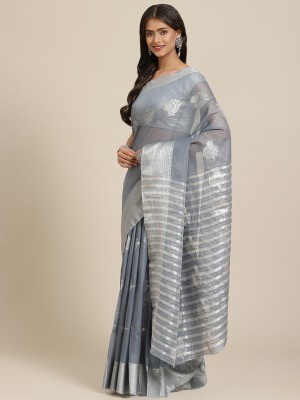 Blissta Floral Print Bollywood Linen Saree(Grey)