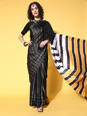 Blissta Striped Bollywood Satin Saree(Black)