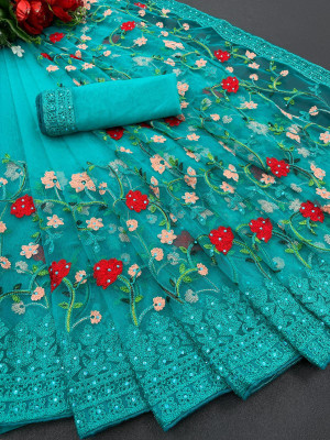 YUG ART Embroidered Bollywood Net Saree(Blue)