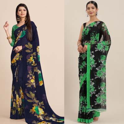 Uveeka Printed Daily Wear Georgette Saree(Pack of 2, Dark Blue, Green)