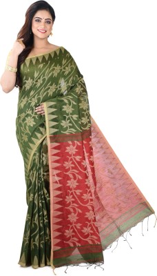 Avik Creations Woven Sambalpuri Handloom Silk Blend, Cotton Silk Saree(Dark Green, Red)
