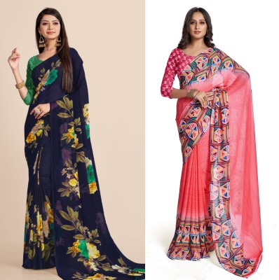 Uveeka Printed Daily Wear Georgette Saree(Pack of 2, Dark Blue, Green)