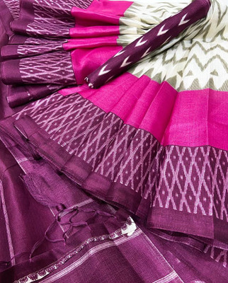 Kjs Printed Ikkat Cotton Blend Saree(Multicolor)