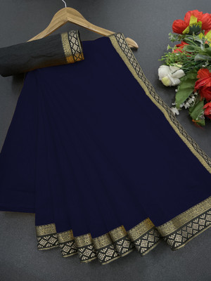Volmina Self Design, Solid/Plain Chanderi Cotton Blend Saree(Dark Blue)