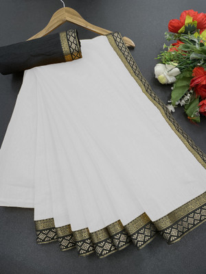 Volmina Self Design, Solid/Plain Chanderi Cotton Blend Saree(White)