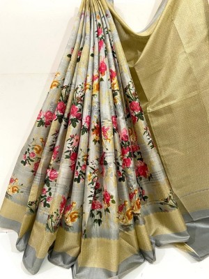 Kjs Floral Print Bollywood Cotton Blend Saree(Multicolor)