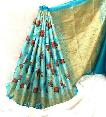 Kjs Floral Print Bollywood Cotton Blend Saree(Multicolor)