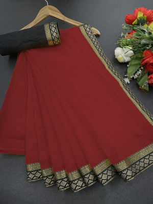 Volmina Self Design, Solid/Plain Chanderi Cotton Blend Saree(Red)