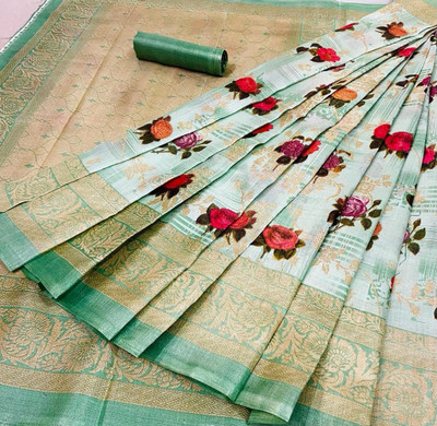 Kjs Floral Print Bollywood Cotton Blend Saree(Multicolor)